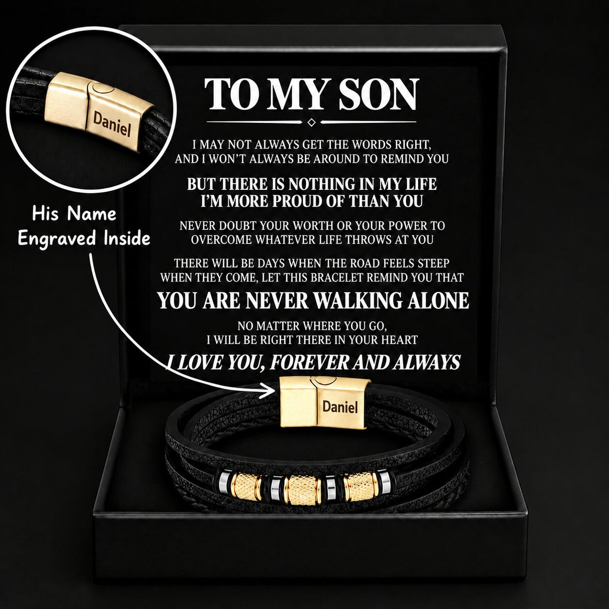 To My Son – Braided Black Leather Bracelet