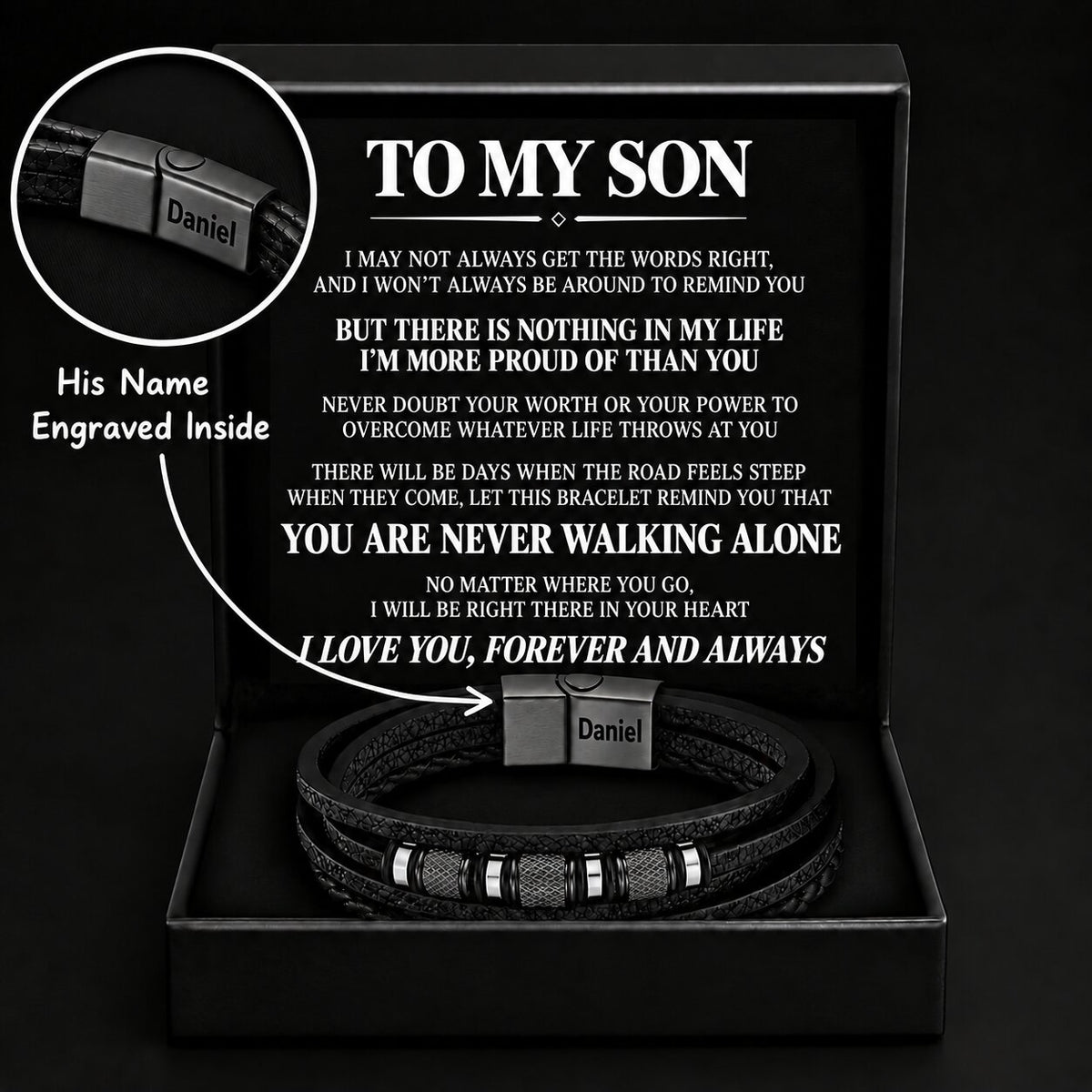 To My Son – Braided Black Leather Bracelet