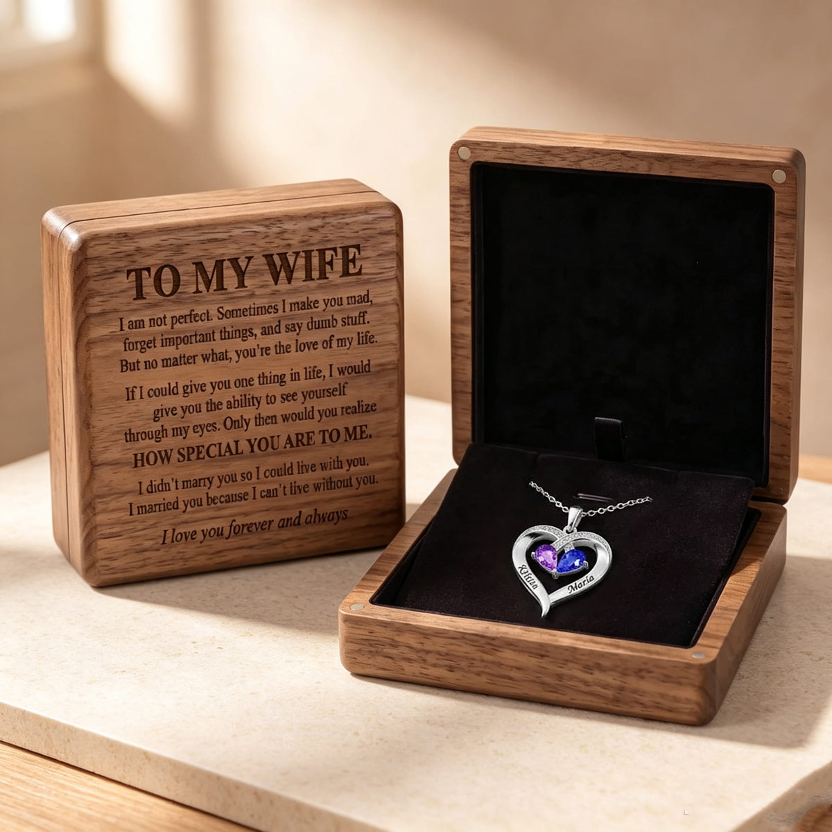 To My Wife - Birthstone Heart Necklace with Walnut Box