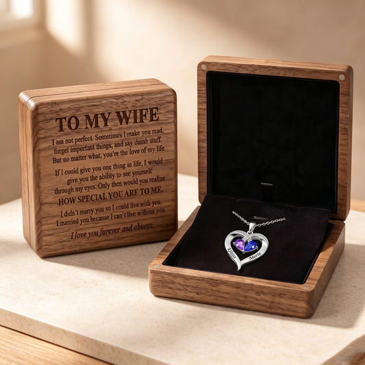 To My Wife - Birthstone Heart Necklace with Walnut Box