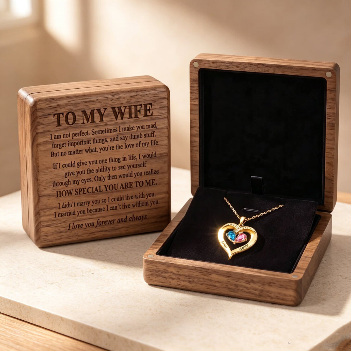 To My Wife - Birthstone Heart Necklace with Walnut Box