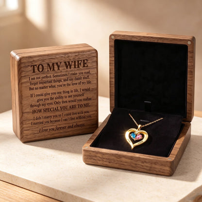 To My Wife - Birthstone Heart Necklace with Walnut Box