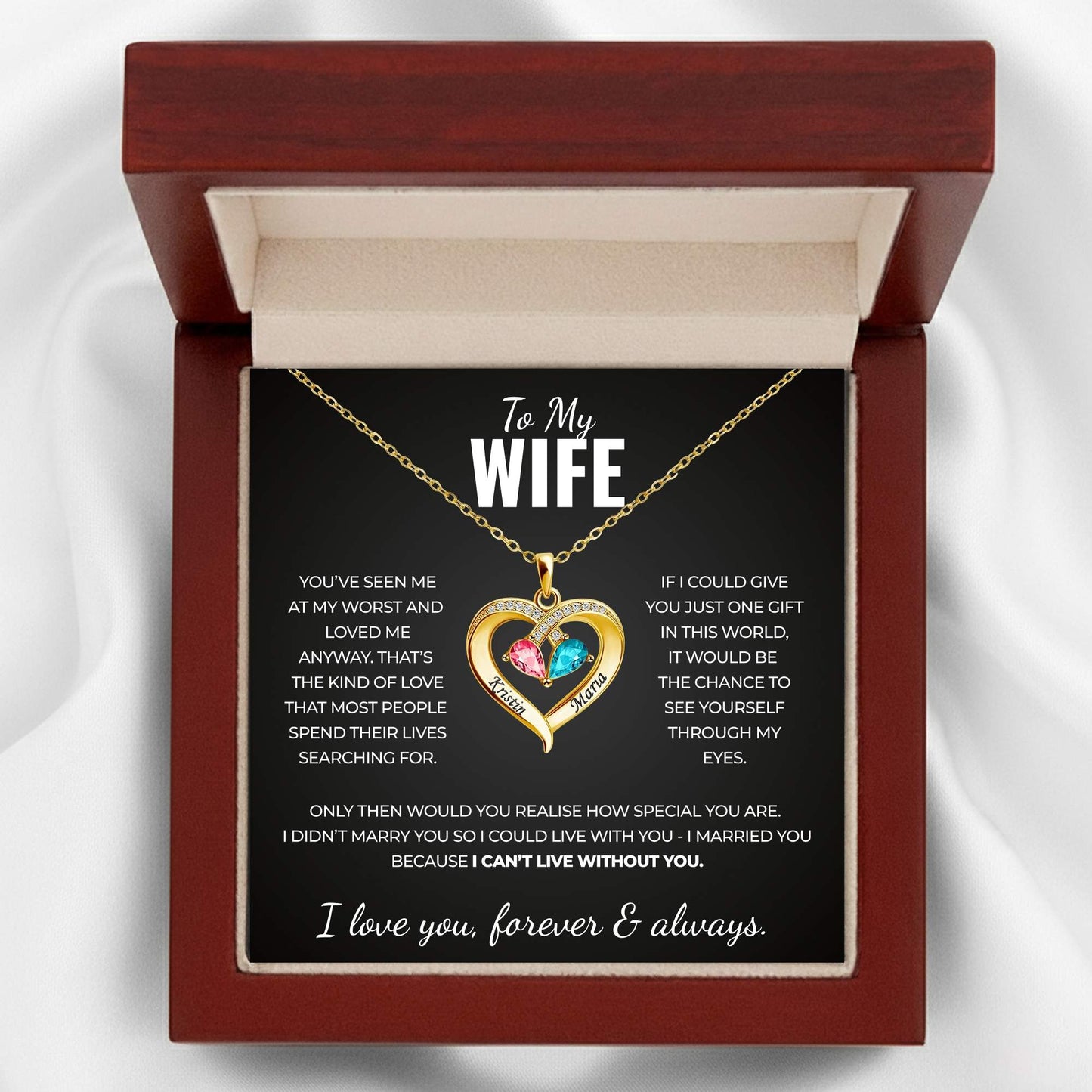 To My Wife - I Love You - Birthstone Heart Necklace