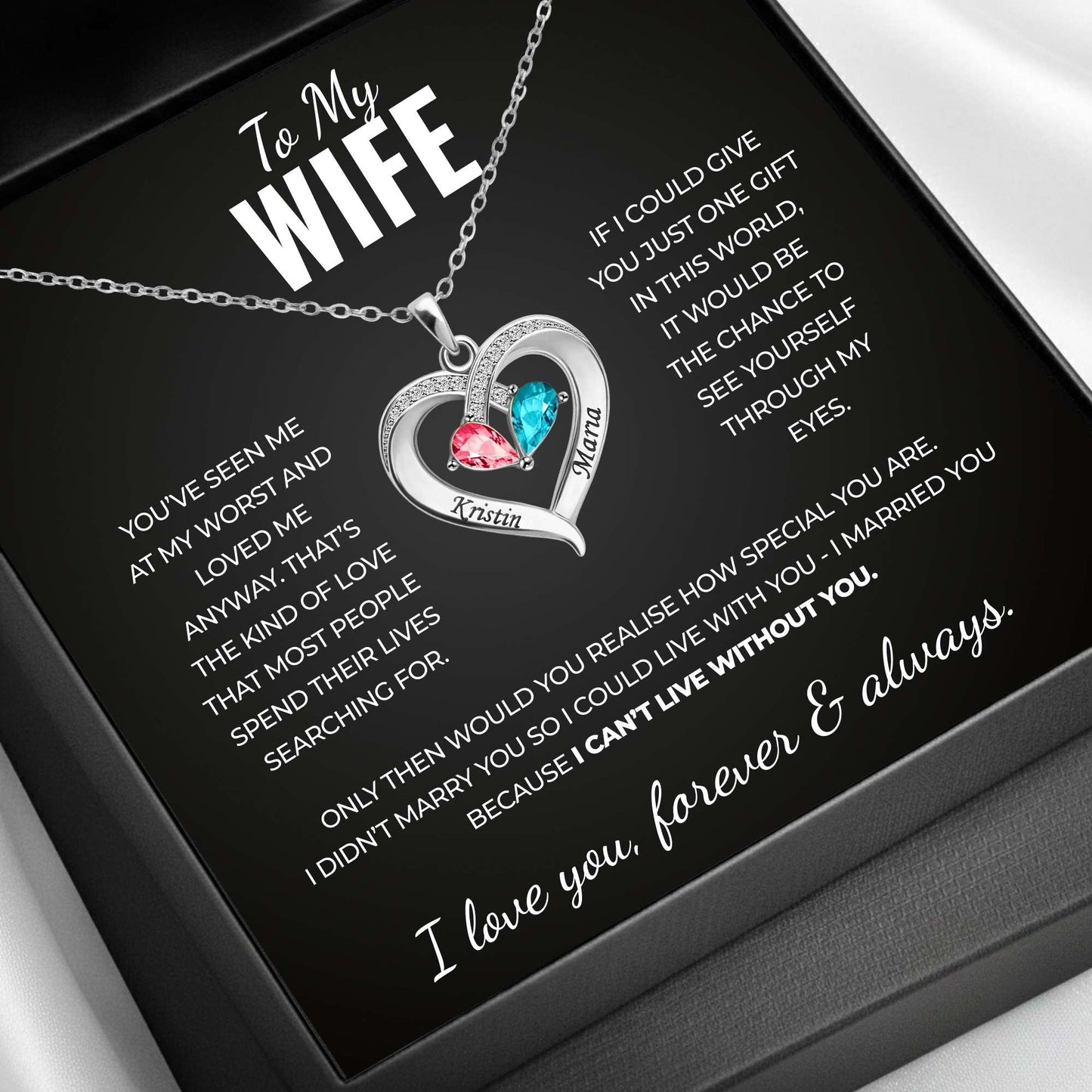 To My Wife - I Love You - Birthstone Heart Necklace