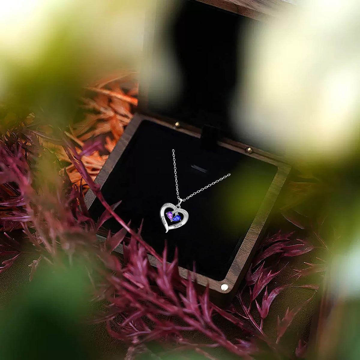 To My Wife - Birthstone Heart Necklace with Walnut Box