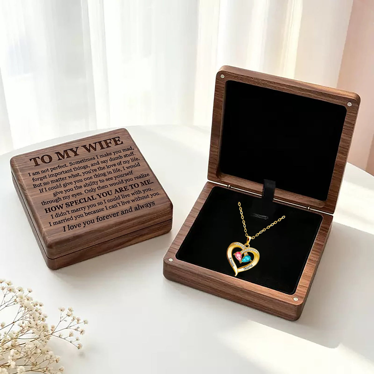 To My Wife - Birthstone Heart Necklace with Walnut Box