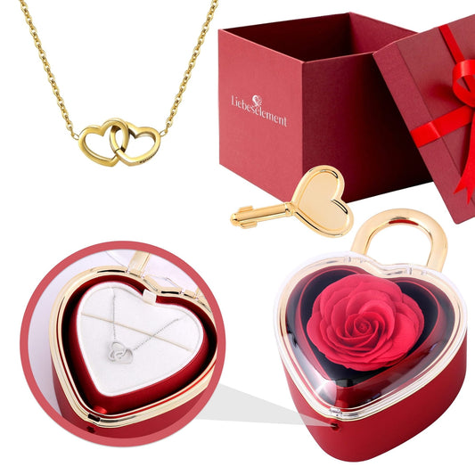 Heartlock Rose Box - With Double Heart Engraved Necklace