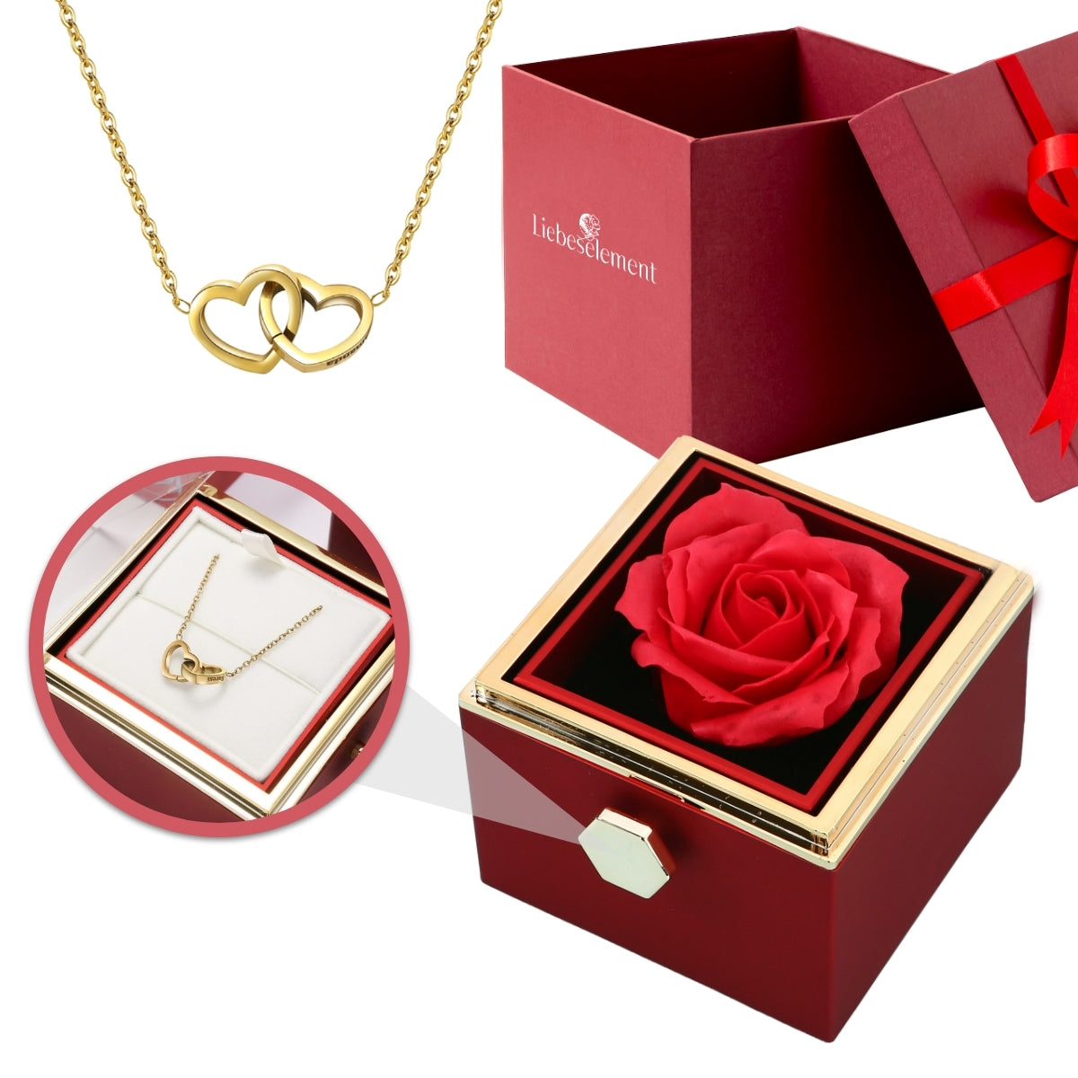 Eternal Rose Box - With Double Heart Engraved Necklace