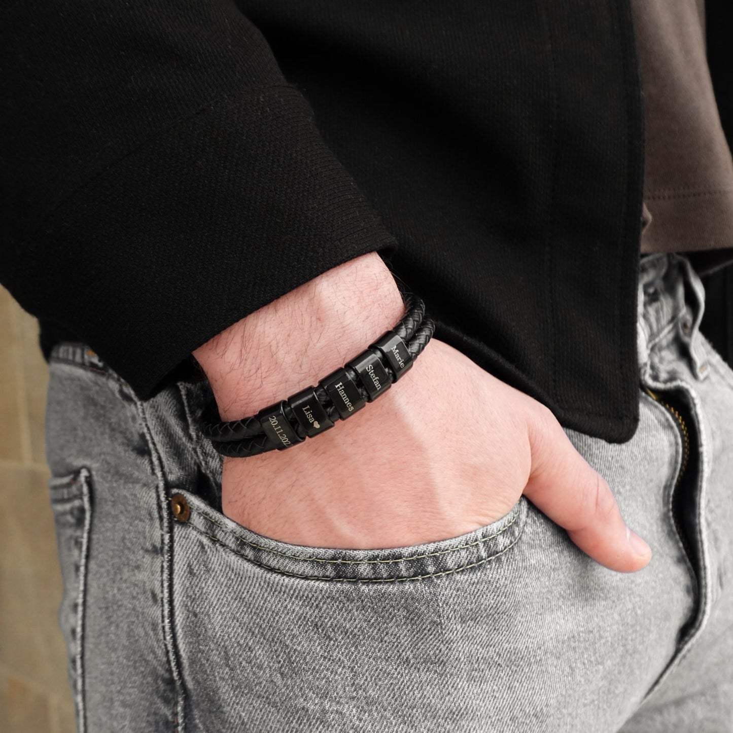 Personalized Leather Bracelet with Engraved Family Names