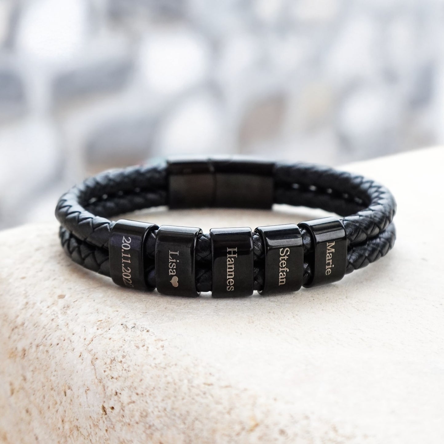 Personalized Leather Bracelet with Engraved Family Names