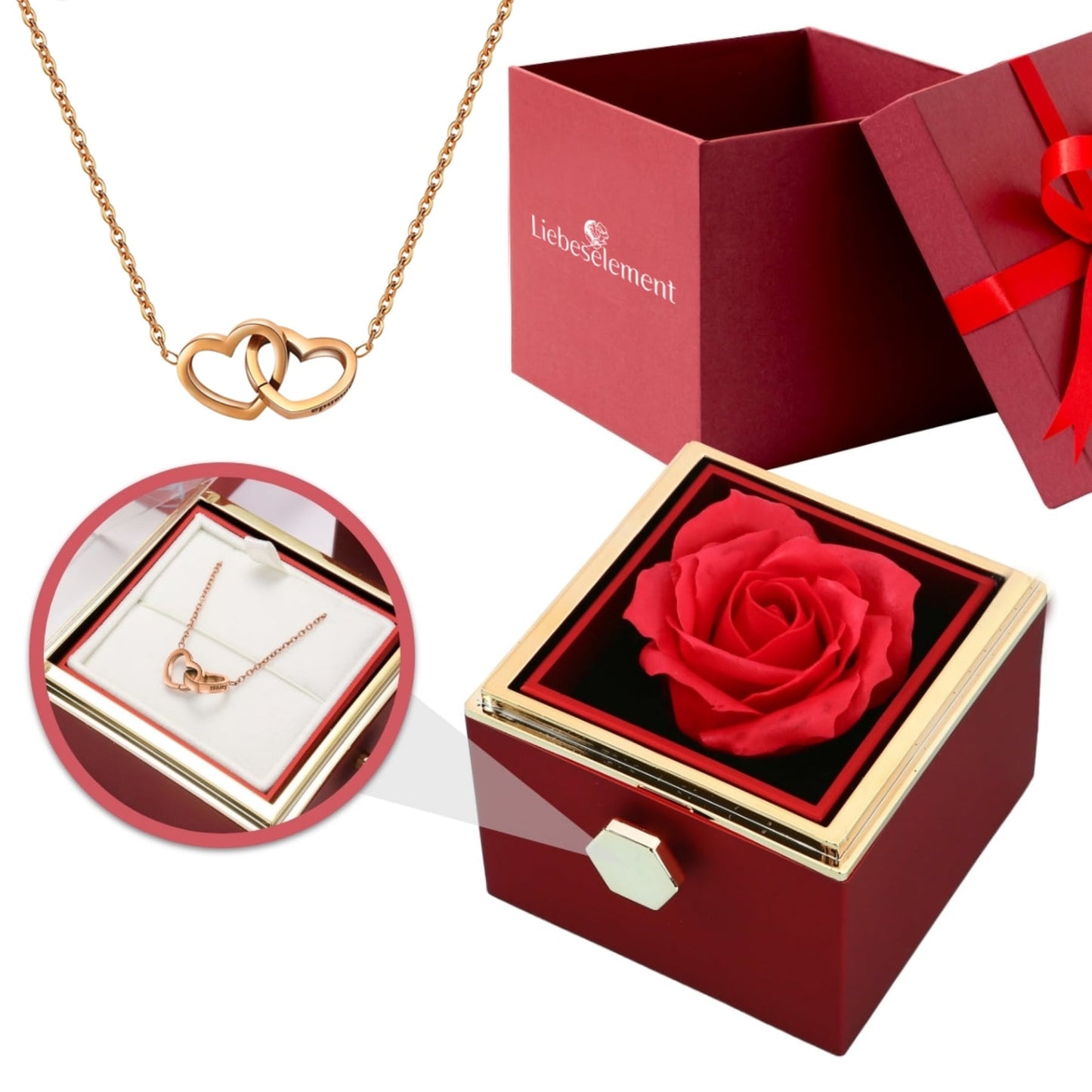 Eternal Rose Box - With Double Heart Engraved Necklace